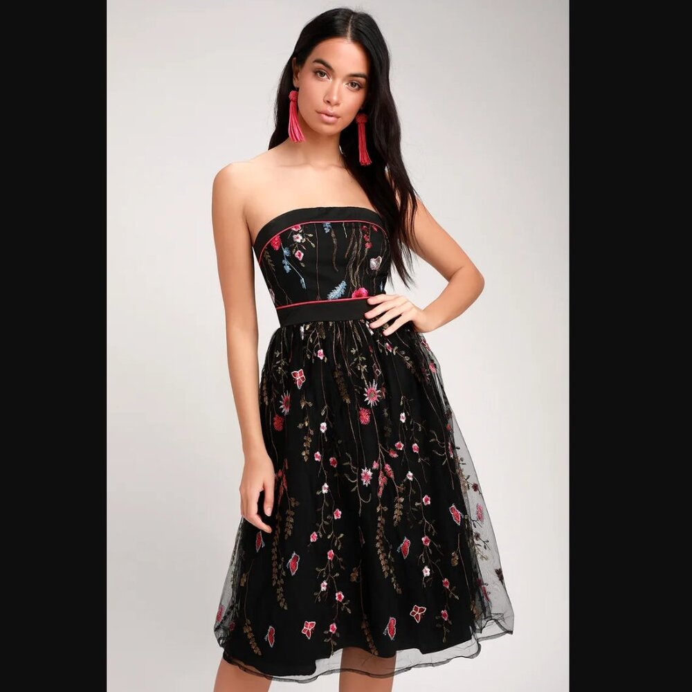 Lulus For the Frill of It Black Embroidered Strapless Midi Dress